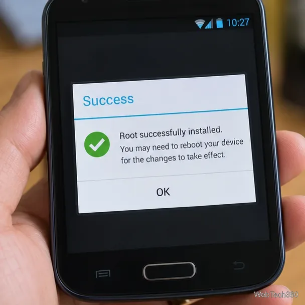 Un ancien téléphone Android affiche une boîte de dialogue de confirmation de root et une instruction pour redémarrer.