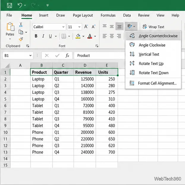 Faixa de opções Página Inicial do Excel com o menu Orientação aberto e suas predefinições de rotação visíveis.