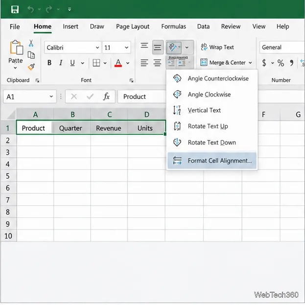 Menu de orientação do Excel com a opção Formatar alinhamento de células selecionada.