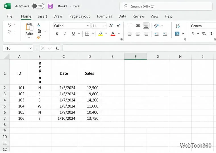 Таблица Excel, в которой регион отображается в виде вертикально расположенных символов в узком столбце рядом с горизонтальным заголовком «Дата».