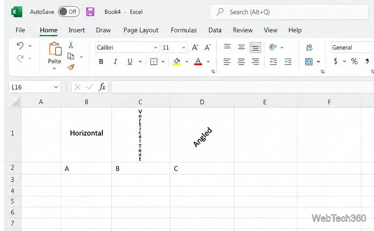 В трех ячейках заголовка Excel сравниваются слово «Horizontal», вертикально расположенный текст «Vertical Text» и слово «Angled», повернутое по диагонали.