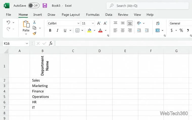 Таблица Excel с узким заголовком «Название отдела», расположенным вертикально рядом со списком названий отделов.