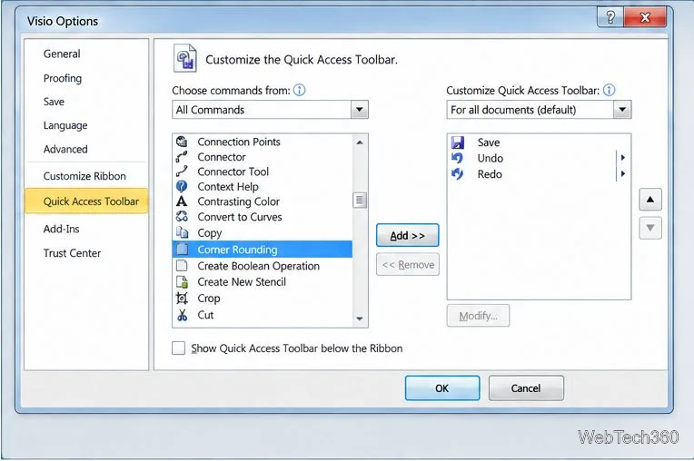 Visio のオプションで、クイック アクセス ツールバーが選択され、すべてのコマンドが選択され、追加ボタンの横に角丸が強調表示されている状態。
