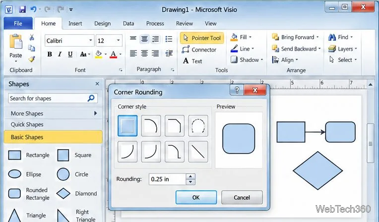 Visio 2010 の角丸ダイアログには、8 つの角スタイルのプリセット、図形のプレビュー、丸めフィールド、および OK ボタンとキャンセルボタンがあります。