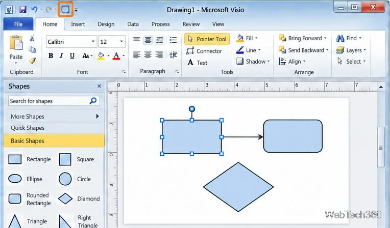 Visio 2010 の図面ページで、クイック アクセス ツールバー コントロールがハイライト表示された状態で長方形が選択されています。