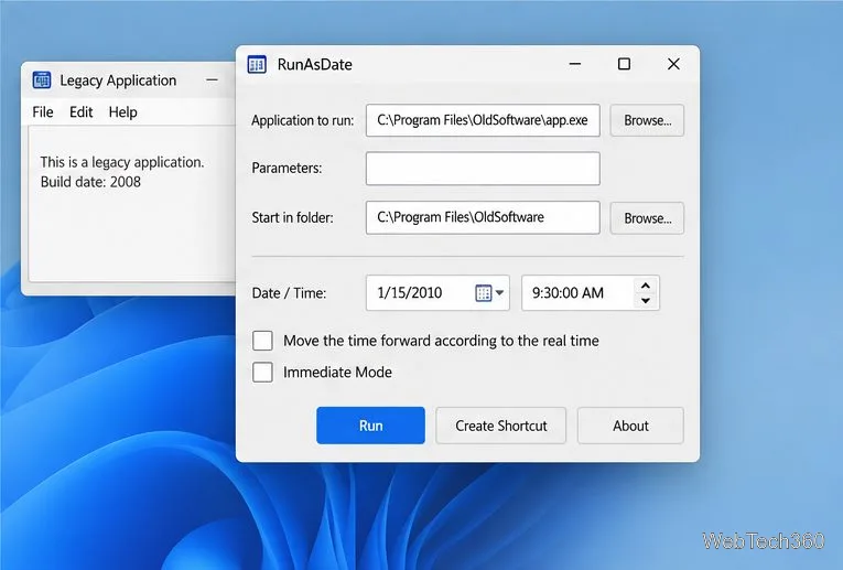 RunAsDate configuré avec un exécutable cible et une date et une heure sélectionnées, le bouton Exécuter étant prêt.