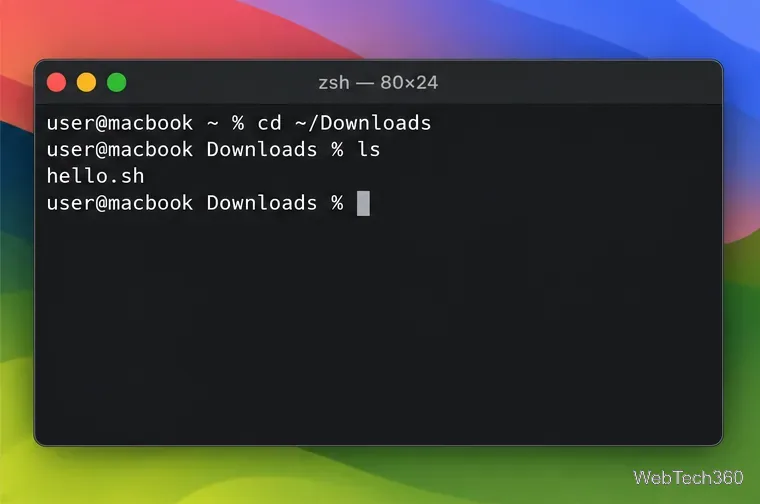 Terminal im Download-Ordner, das hello.sh nach dem Verzeichniswechsel auflistet
