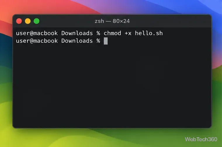 Terminalanzeige, die den Befehl chmod + x für hello.sh anzeigt.