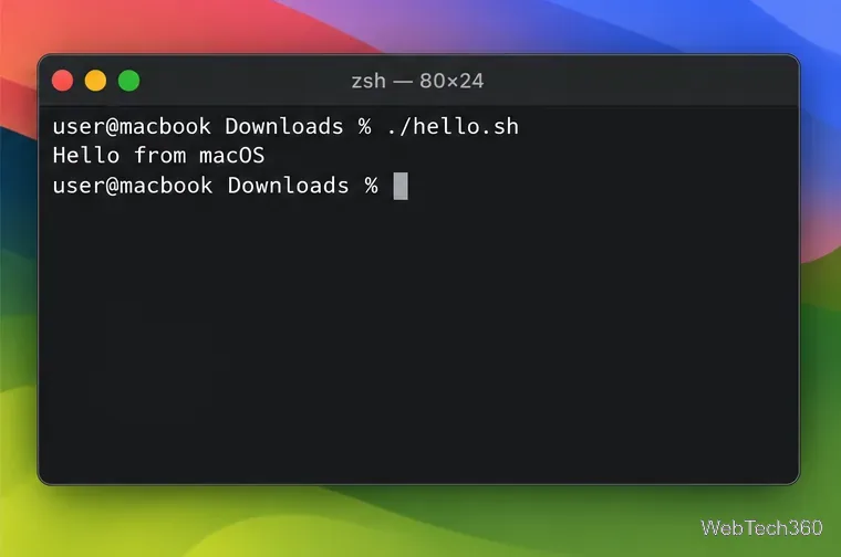Terminal führt ./hello.sh aus und zeigt „Hallo von macOS“ an