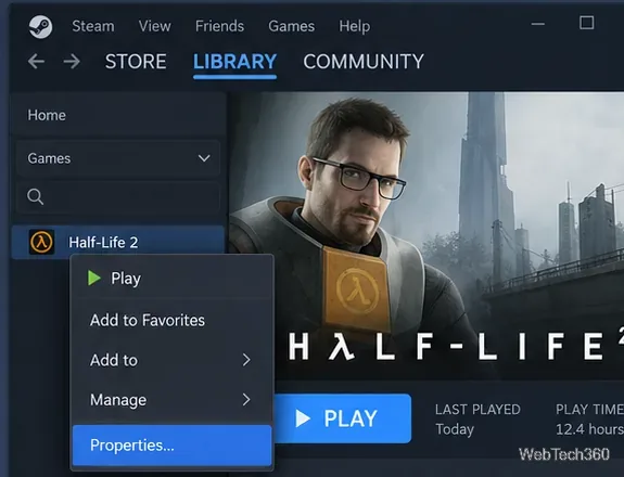 Il menu contestuale della Libreria di Steam con la voce Proprietà evidenziata per Half-Life 2.