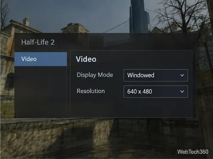 Impostazioni video di Half-Life 2 che mostrano la modalità finestra e una risoluzione di 640 x 480.
