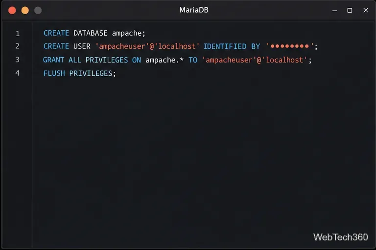 Les commandes MariaDB créent la base de données Ampache et un compte utilisateur Ampache local dédié.