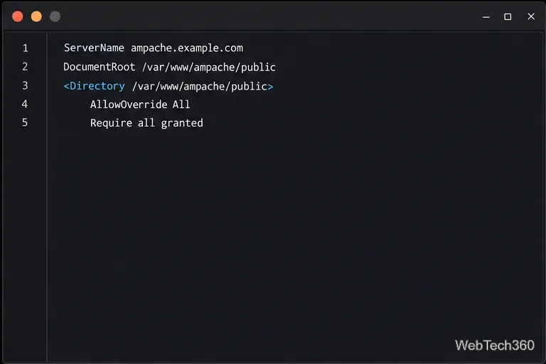Éditeur d'hôte virtuel Apache affichant le répertoire racine public d'Apache et le paramètre AllowOverride
