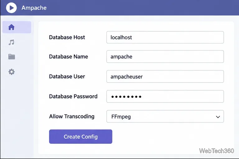 Formulaire de configuration Ampache avec les champs de base de données, l'option de transcodage FFmpeg et le bouton Créer une configuration