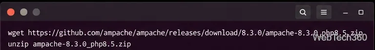 Le terminal Ubuntu télécharge l'archive Ampache 8.3.0 PHP 8.5 et l'extrait dans le répertoire Ampache.