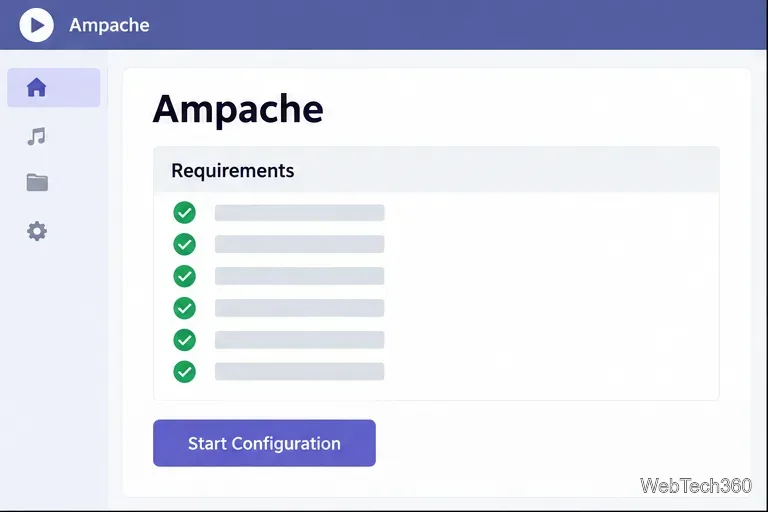 Écran des exigences d'installation d'Ampache avec des coches vertes et le bouton Démarrer la configuration