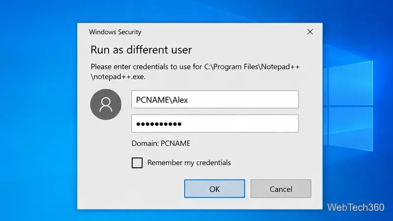 Windows Security Run as different user credential prompt on Windows 10