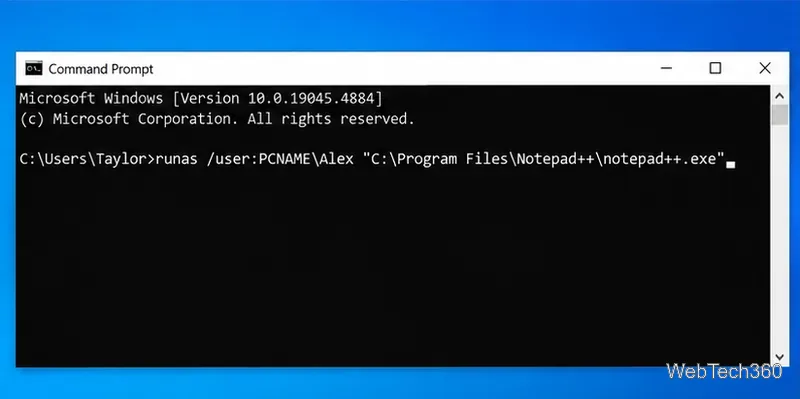 Windows 10 Command Prompt showing a runas command for another user account