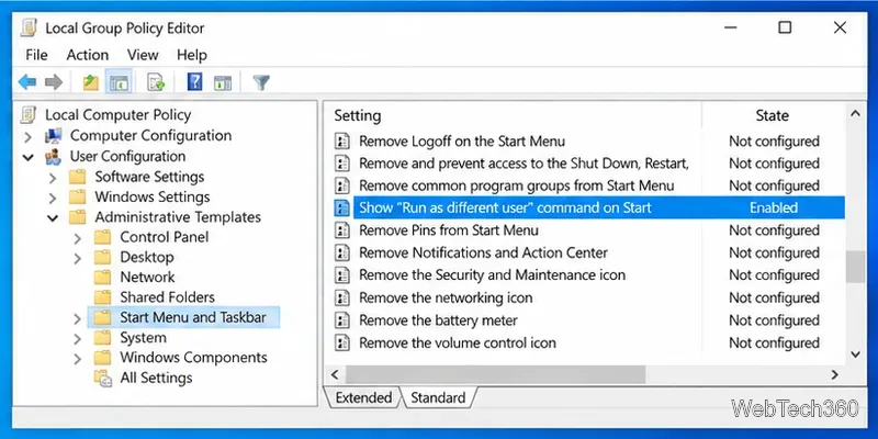 Local Group Policy Editor showing the Show Run as different user command on Start policy