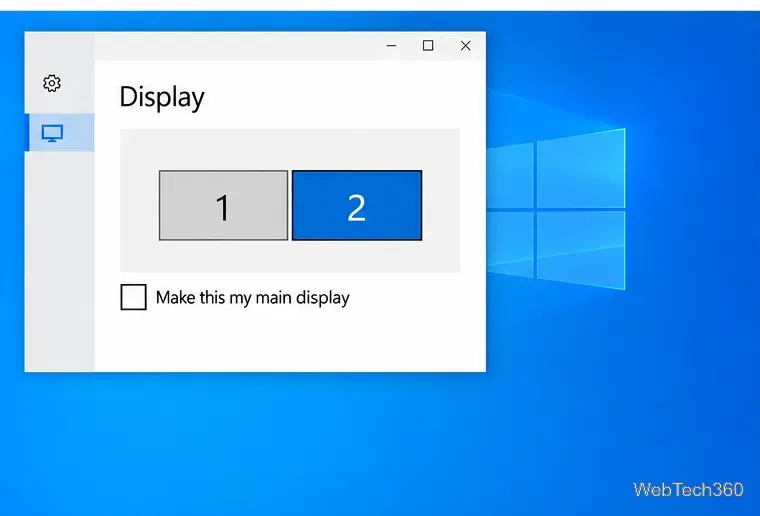 Windows 10 Display settings with monitor 2 selected and Make this my main display unchecked