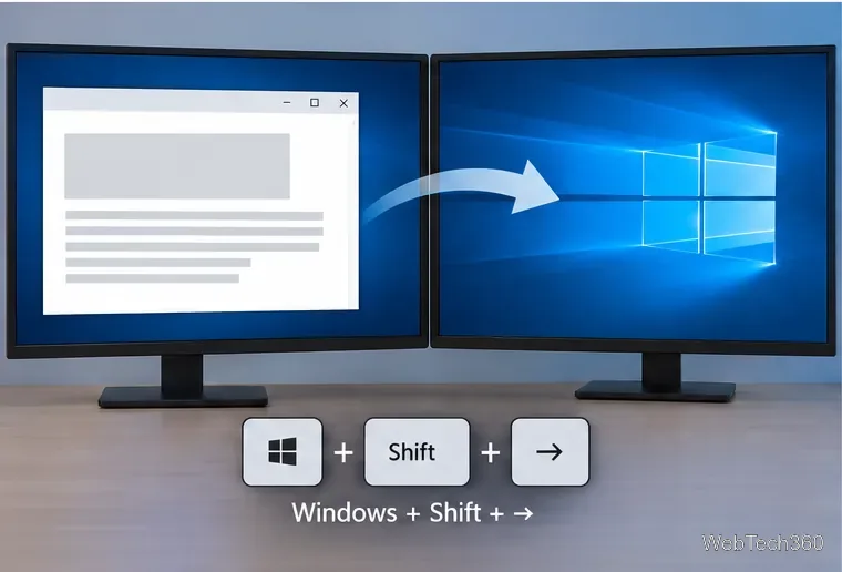 A desktop app window moving from the first monitor to the second with Windows key, Shift, and Right Arrow