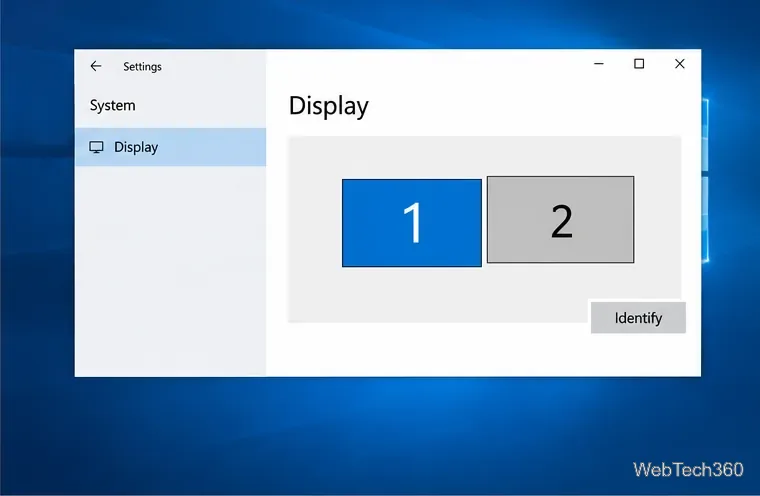 Windows 10 Display settings showing monitor tiles numbered 1 and 2 and an Identify button