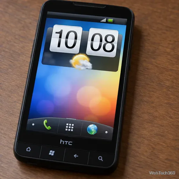 На HTC HD2 отображается домашний экран Android эпохи Froyo с большими часами.