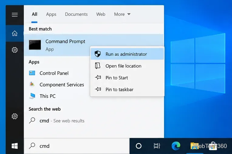 Windows 10 Search showing Command Prompt with Run as administrator selected