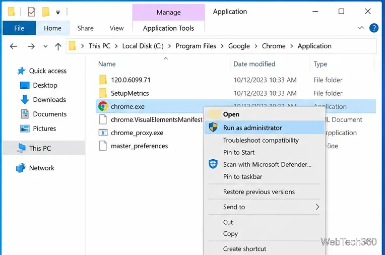 Windows 10 File Explorer showing an executable with Run as administrator in the context menu