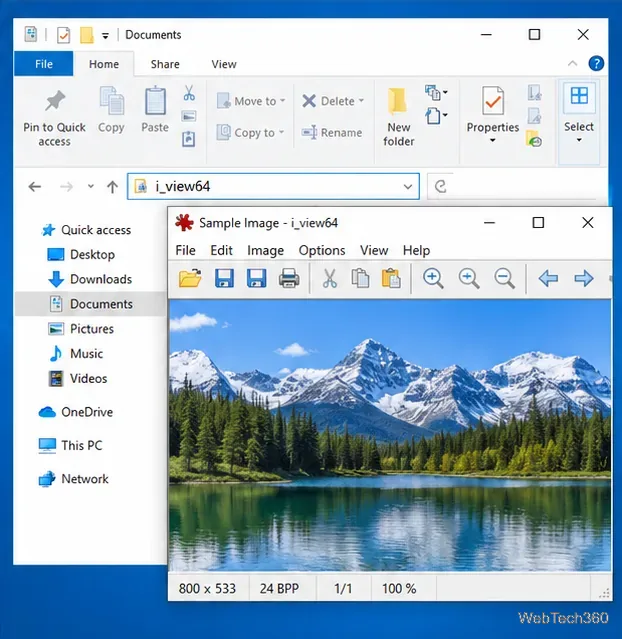 شريط عناوين مستكشف الملفات في نظام التشغيل Windows 10 يحتوي على i_view64 مع نافذة عرض صور مفتوحة بنمط IrfanView