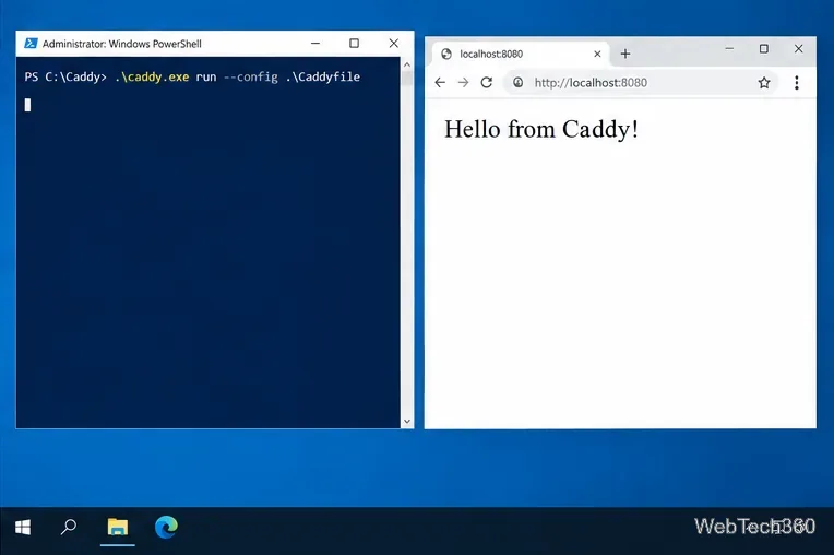 PowerShell running Caddy while a browser displays a test page at localhost:8080