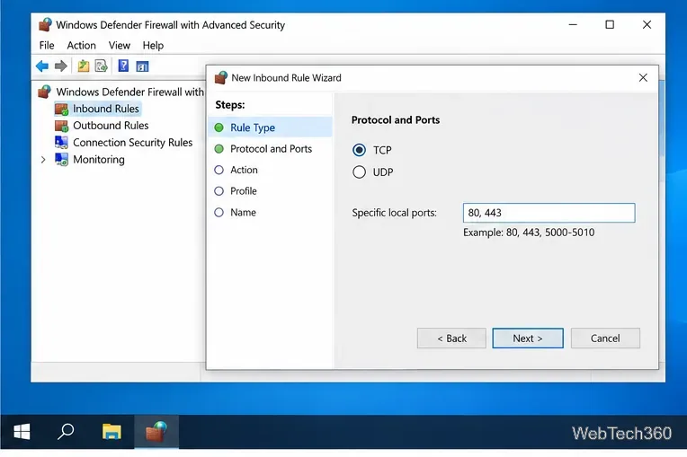 Windows Defender Firewall inbound rule wizard with TCP ports 80 and 443 entered