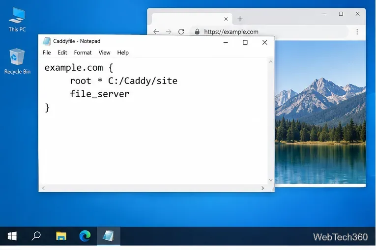 Notepad showing a Caddyfile configured for a domain name and the C:\Caddy\site document root