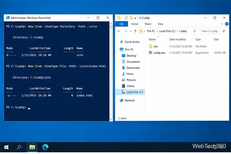 PowerShell and File Explorer showing a site folder and index.html inside C:\Caddy