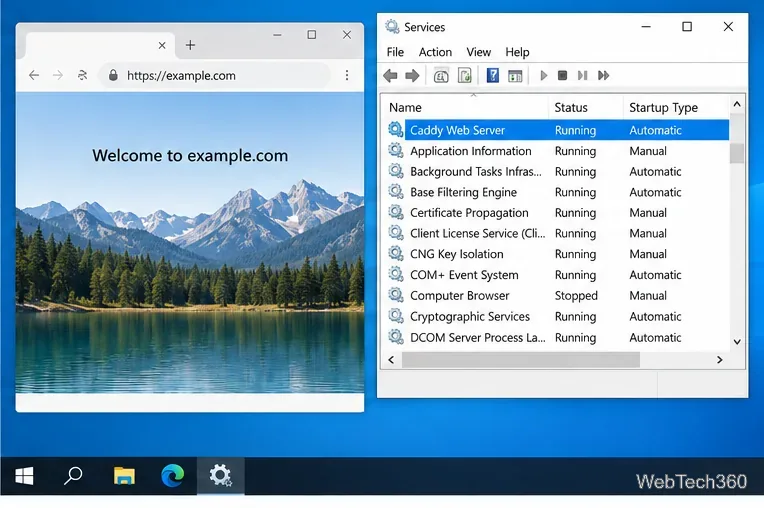 Browser showing an HTTPS site beside the Windows Services console with Caddy Web Server running