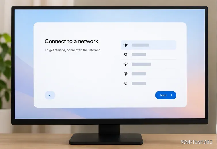 Un ecran de prima rulare în stilul sistemului de operare Chromium care afișează o listă de selecție a rețelelor Wi-Fi
