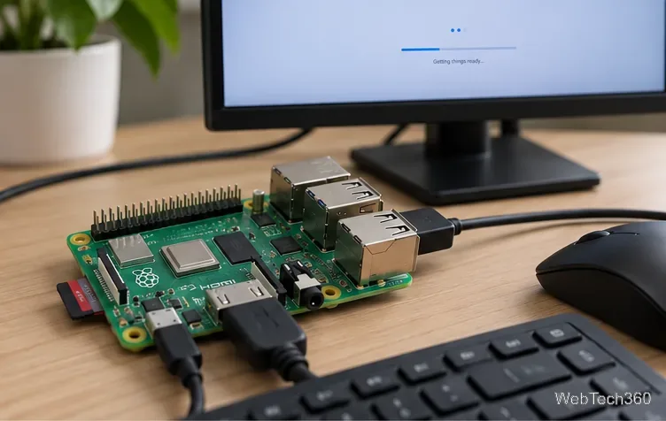 O placă Raspberry Pi cu un card microSD, cablu de afișare, alimentare, tastatură și mouse conectate