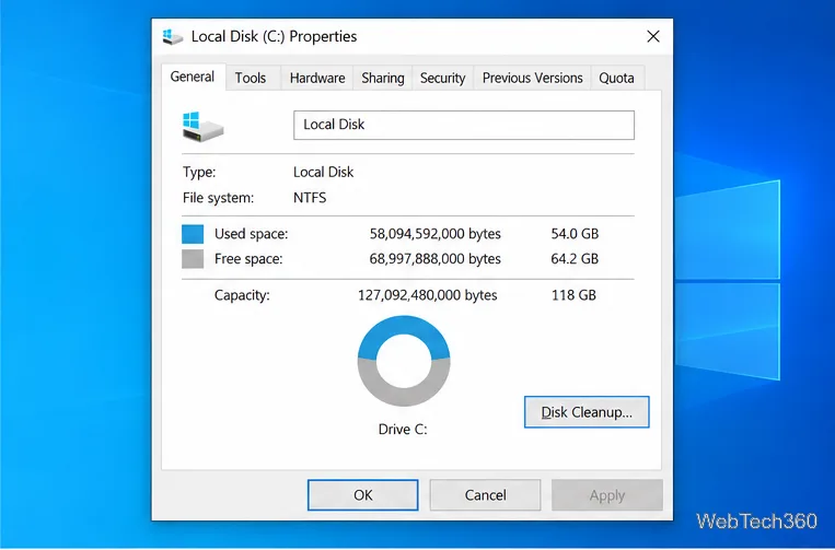 The General tab of Local Disk (C:) Properties with the Disk Cleanup button visible.