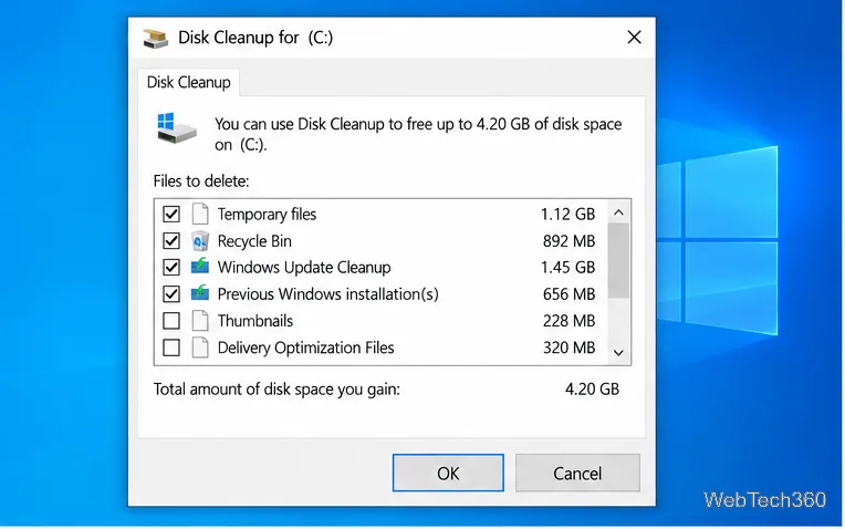 The Disk Cleanup system-file list includes Windows Update Cleanup and Previous Windows installation(s).