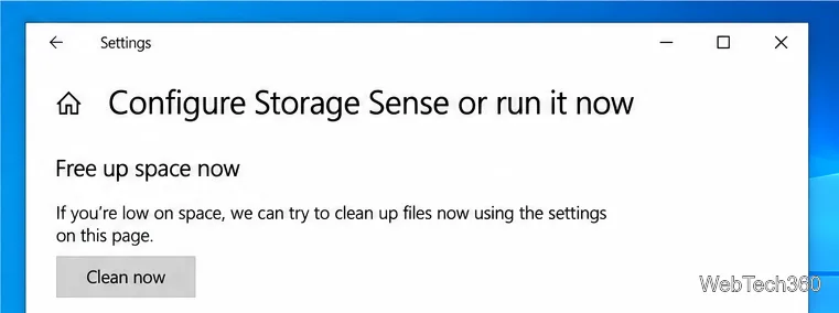 Configure Storage Sense or run it now page showing the Free up space now section and Clean now button.