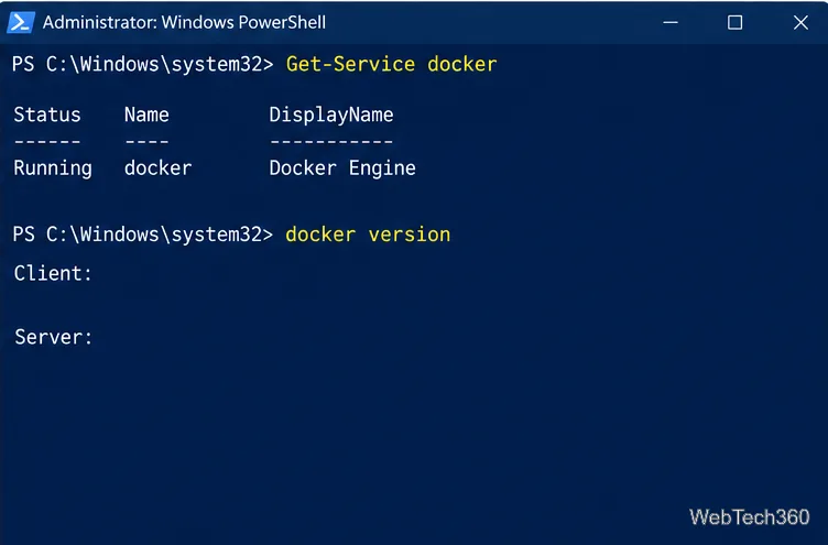 يتحقق PowerShell من خدمة Docker Engine وأقسام عميل وخادم Docker