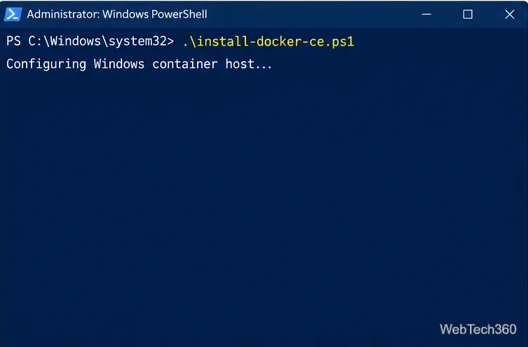 تشغيل برنامج PowerShell الخاص بالمسؤول لبرنامج إعداد Docker CE على خادم Windows