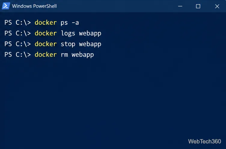 أوامر PowerShell لعرض الحاويات، وقراءة سجلات تطبيقات الويب، وإيقافها، وإزالتها