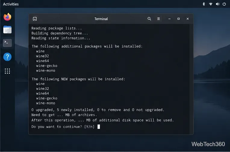 Linux terminal displaying a Wine package installation transaction