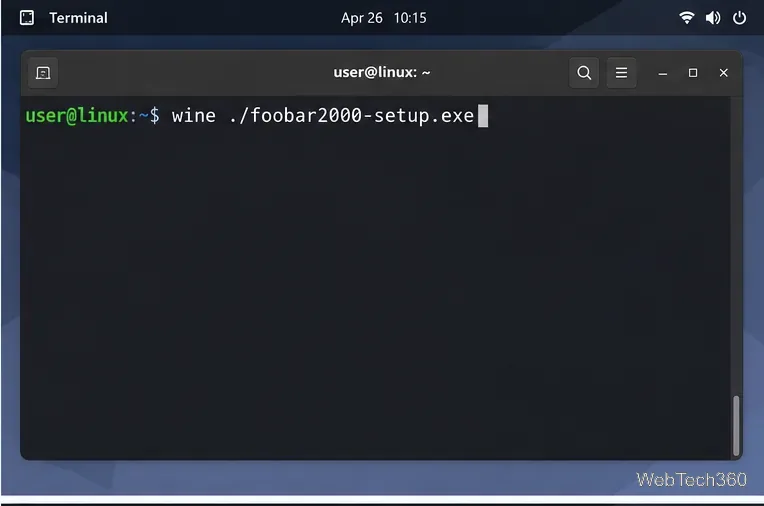Linux terminal ready to launch the Foobar2000 installer through Wine