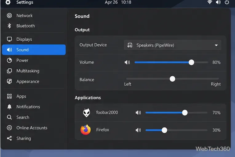Linux Sound settings showing speaker output and Foobar2000 app volume