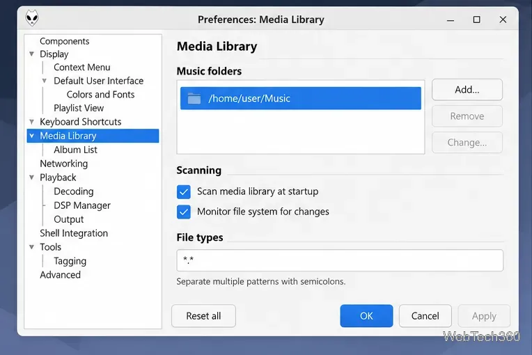 Foobar2000 Media Library preferences with a Music folder added