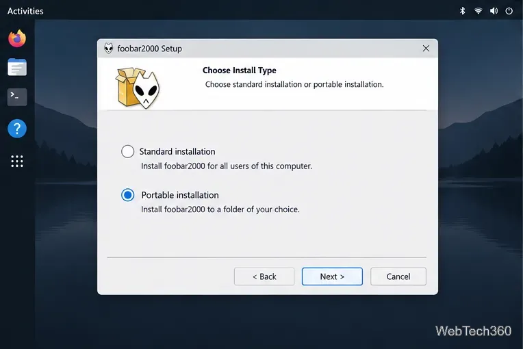 Foobar2000 installer offering standard and portable installation types