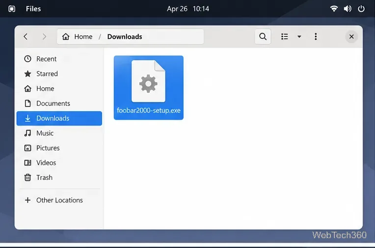 Foobar2000 setup executable selected in the Linux Downloads folder