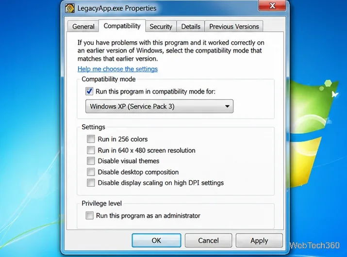 علامة تبويب التوافق في نظام التشغيل Windows 7 مع تحديد وضع التوافق وتحديد حزمة الخدمة 3 لنظام التشغيل Windows XP